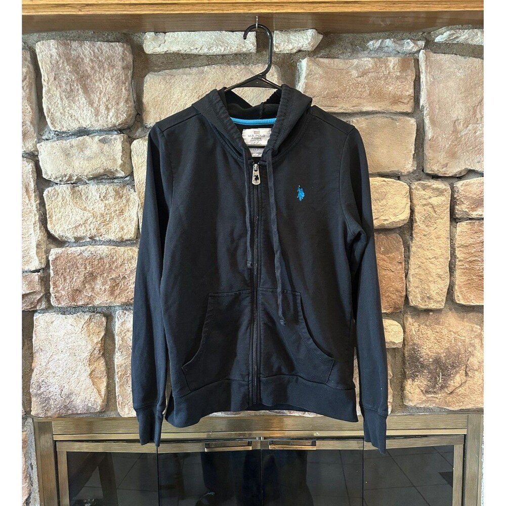 VTG Y2K U.S. Polo Assn Full Zip Up Hoodie Womens L Black Blue Logo Embroidered